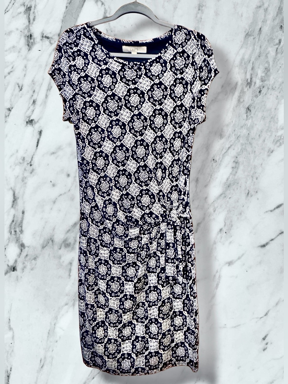 LOFT Black and White Tile-Print Short-Sleeve Midi Dress size Medium